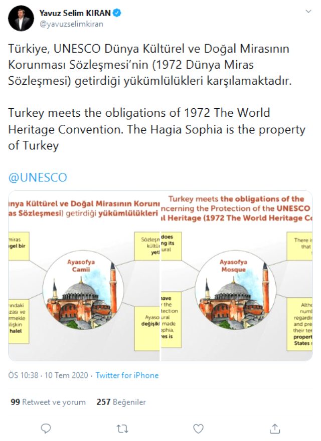 Dışişleri Bakan Yardımcısı Kıran'dan Ayasofya açıklaması: Türkiye, UNESCO yükümlülüklerini karşılamaktadır