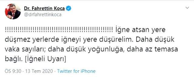 Bakan Koca'dan bıkmadan uyarıyor: İğne atsan yere düşmez, yerlerde iğneyi yere düşürelim