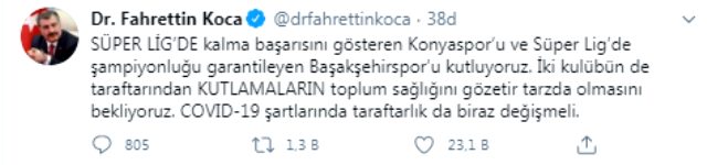 Bakan Koca'dan Konyaspor ve Başakşehir taraftarına çağrı: Kutlamalar toplum sağlığını gözetir tarzda olmalı