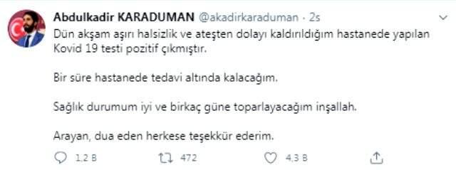 Saadet Partili Abdulkadir Karaduman'ın koronavirüs testi pozitif çıktı