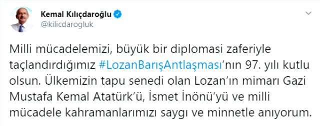 Ayasofya Camii'nde ilk namaz kılınmaya başlandığı sırada Kemal Kılıçdaroğlu Lozan Antlaşması tweeti attı