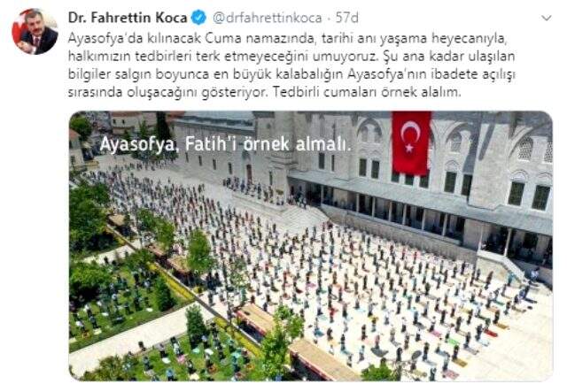 Bakan Koca, Ayasofya'da kılınacak namaz için uyarı: Tedbirli cumaları örnek alalım Bakan Koca, Ayasofya'da kılınacak namaz için uyarı: Tedbirli cumaları örnek alalım
