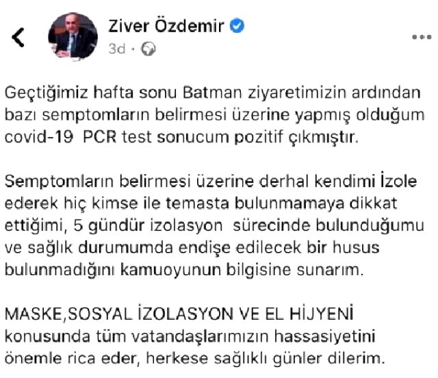 AK Parti Batman Milletvekili Ziver Özdemir koronavirüse yakalandı