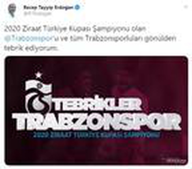 Cumhurbaşkanı Erdoğan'dan Türkiye Kupası'nı kazanan Trabzonspor'a tebrik mesajı
