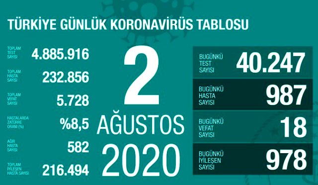 Son Dakika: Türkiye'de 2 Ağustos günü koronavirüs nedeniyle 18 kişi vefat etti, 987 yeni vaka tespit edildi