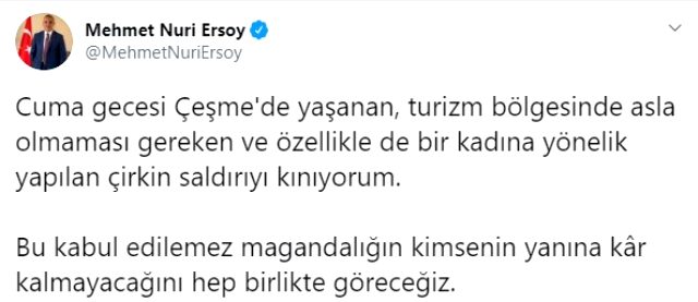 Kültür ve Turizm Bakanı Ersoy'dan Çeşme'deki darp olayına tepki Açıklaması Kültür ve Turizm Bakanı Ersoy'dan Çeşme'deki darp olayına tepki Açıklaması