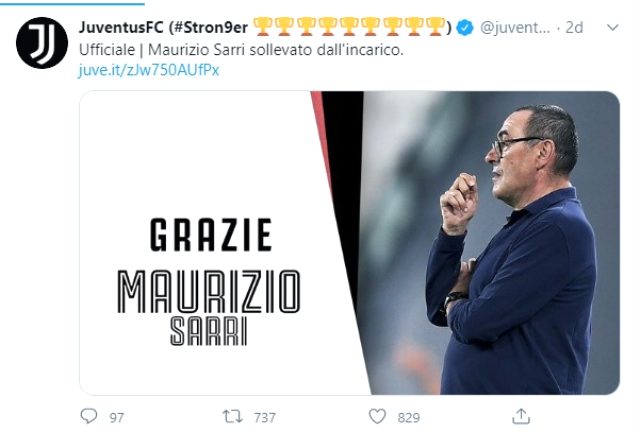 Şampiyonlar Ligi'nde Lyon'a elenen Juventus, teknik direktör Maurizio Sarri'yi kovdu