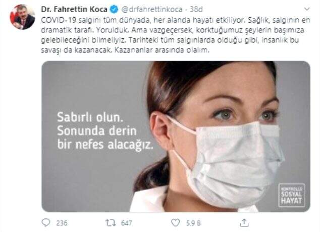 Bakan Koca, koronavirüs hastasının mesajını 'Bayram dönüşü korkusu' uyarısıyla paylaştı Bakan Koca, koronavirüs hastasının mesajını 'Bayram dönüşü korkusu' uyarısıyla paylaştı