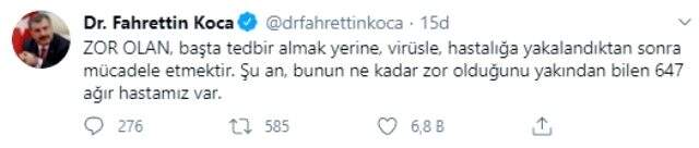 Bakan Koca, yarım saat arayla yaptığı iki paylaşımda vatandaşları koronavirüse karşı uyardı