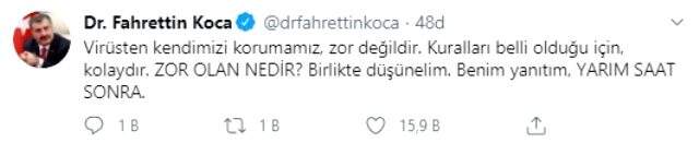 Bakan Koca, yarım saat arayla yaptığı iki paylaşımda vatandaşları koronavirüse karşı uyardı
