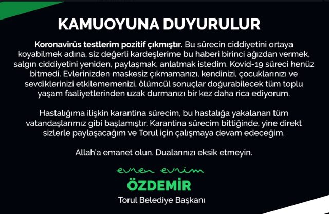 Torul Belediye Başkanı Özdemir'den 'Koronavirüse yakalandım' paylaşımı