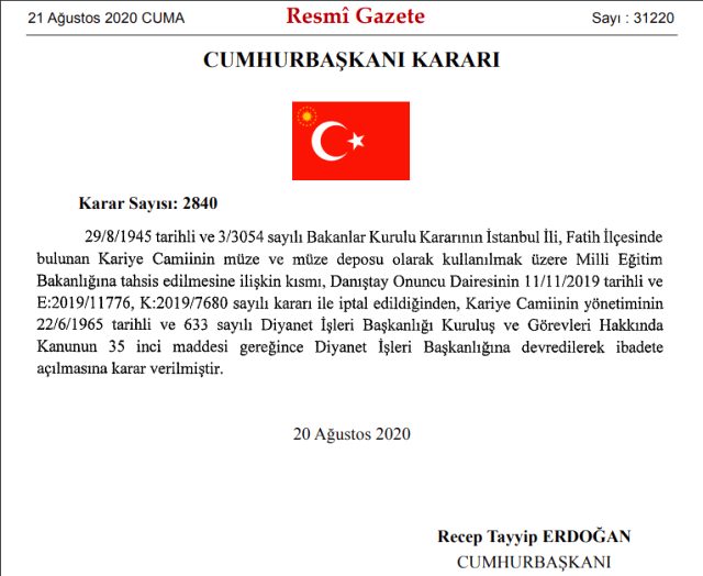 Son Dakika: İstanbul'daki Kariye Camisi'nin ibadete açılmasına yönelik karar Resmi Gazete'de yayınlandı