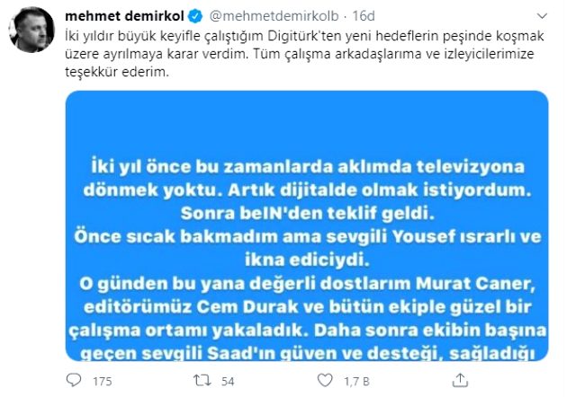 Spor Yazarı Mehmet Demirkol, beIN Sports'tan ayrıldığını duyurdu