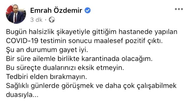 Niğde Belediye Başkanı Emrah Özdemir'in koronavirüs testi pozitif çıktı