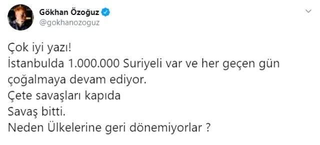 Sosyal medyadan Suriyelilerle ilgili paylaşım yapan Gökhan Özoğuz hakkında suç duyurusunda bulunuldu