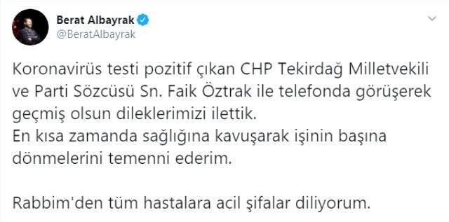 Hazine ve Maliye Bakanı Albayrak, Faik Öztrak'a koronavirüs için geçmiş olsun dileklerini iletti Hazine ve Maliye Bakanı Albayrak, Faik Öztrak'a koronavirüs için geçmiş olsun dileklerini iletti