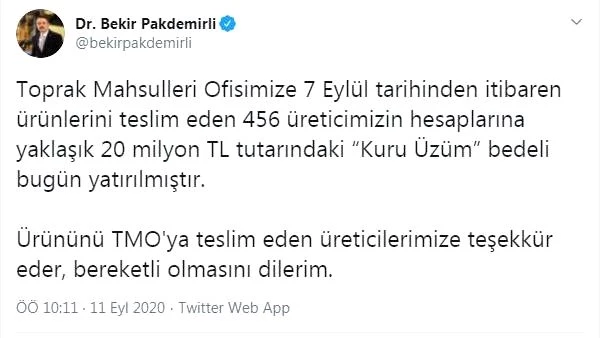 Bakan Pakdemirli: Üreticilerin hesaplarına 20 milyon TL 'kuru üzüm' bedeli yatırıldı