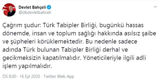 Bahçeli: Sadece adında Türk bulunan Tabipler Birliği derhal ve gecikmeksizin kapatılmalı Bahçeli: Sadece adında Türk bulunan Tabipler Birliği derhal ve gecikmeksizin kapatılmalı