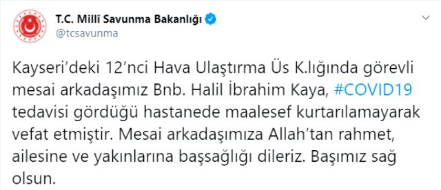 Son Dakika: Kayseri'de Binbaşı Halil İbrahim Kaya koronavirüs nedeniyle hayatını kaybetti