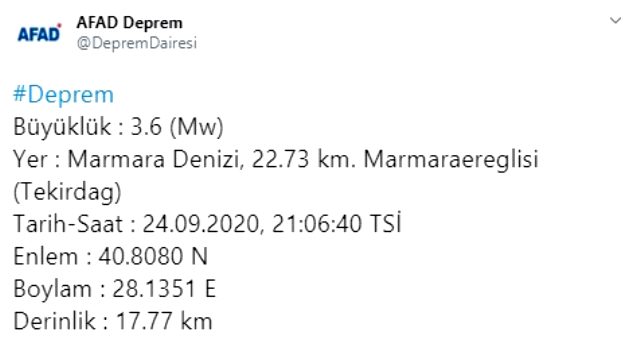 Marmara'da 3.6 büyüklüğünde bir deprem daha oldu