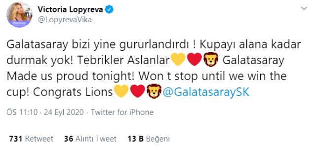 G.Saray'ın Avrupa zaferini Türkçe olarak kutlayan Rus model Lopyreva, sosyal medyada gündem oldu