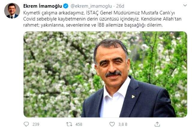 İBB İSTAÇ Genel Müdürü Mustafa Canlı, koronavirüs nedeniyle hayatını kaybetti İBB İSTAÇ Genel Müdürü Mustafa Canlı, koronavirüs nedeniyle hayatını kaybetti