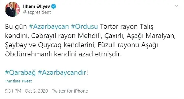 Azerbaycan 7 köyü daha Ermenistan işgalinden kurtardı