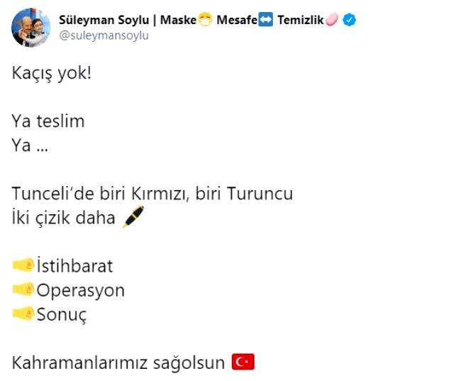 Soylu, 'Kaçış yok' notuyla paylaştı! Biri Kırmızı, diğeri Turuncu kategoride 2 terörist etkisiz hale getirildi Soylu, 'Kaçış yok' notuyla paylaştı! Biri Kırmızı, diğeri Turuncu kategoride 2 terörist etkisiz hale getirildi