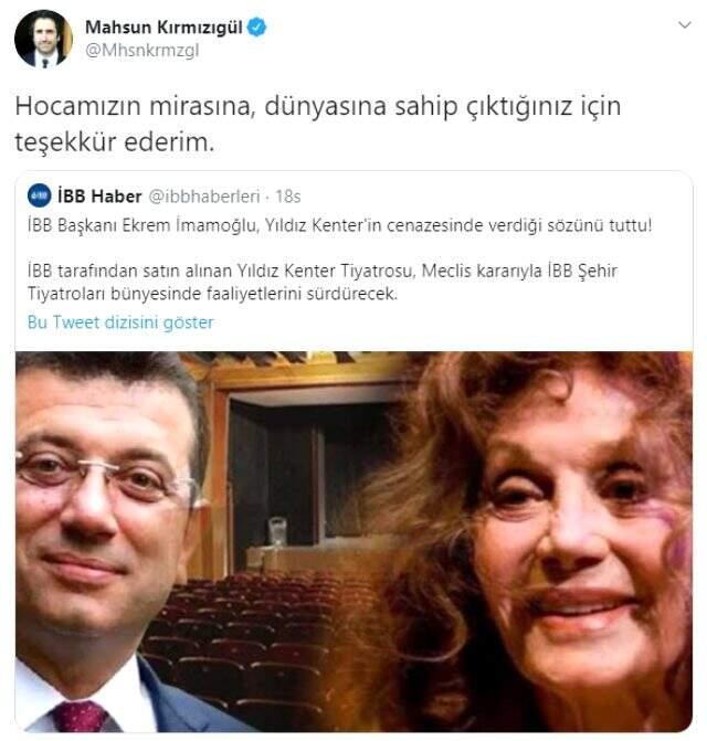 Mahsun Kırmızıgül'den Yıldız Kenter sözünü tutan Ekrem İmamoğlu'na teşekkür
