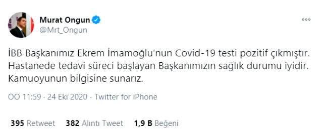 Son Dakika! İBB Başkanı Ekrem İmamoğlu'nun koronavirüs testi pozitif çıktı
