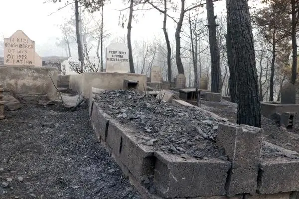 Söndürme çalışmalarının sürdüğü İskenderun'da Azganlık Şehitliği, yangından etkilenmedi