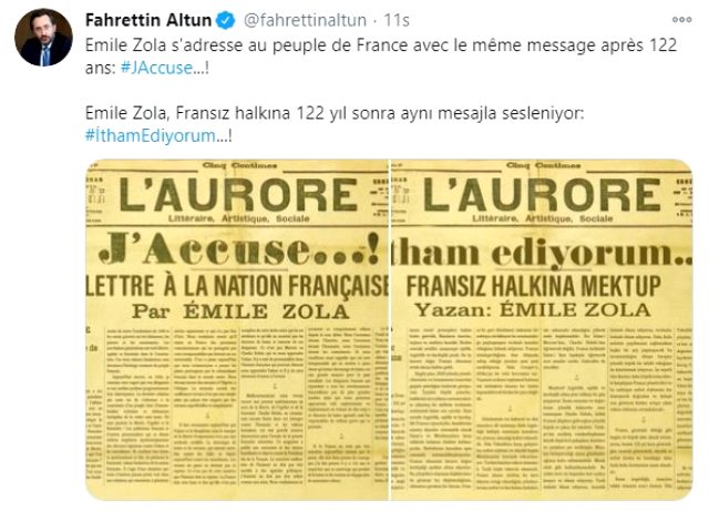 İletişim Başkanı Altun, Emile Zola'nın 122 yıllık mektubu ile İslam karşıtlığı yapan Fransa'ya seslendi