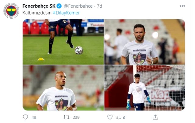 Fenerbahçeli futbolcular, maç öncesi ısınmaya Dilay Kemer'li tişörtlerle çıktı