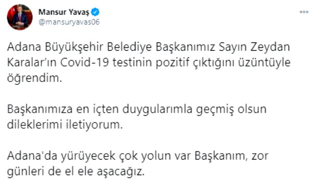 Adana Büyükşehir Belediye Başkanı Zeydan Karalar'ın koronavirüs testi pozitif çıktı