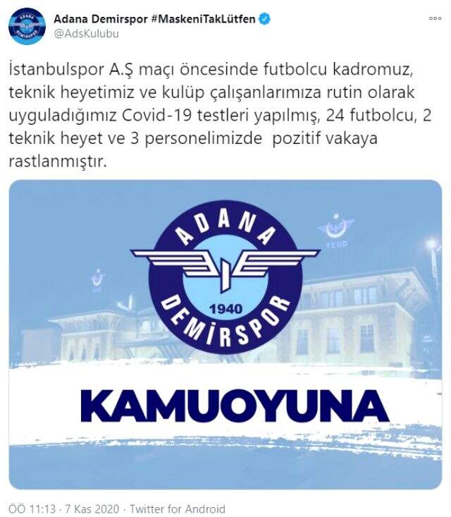 Adana Demirspor'da 24'ü futbolcu 29 kişi koronavirüse yakalandı Adana Demirspor'da 24'ü futbolcu 29 kişi koronavirüse yakalandı
