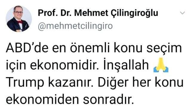 Trump'a verdiği destekle bilinen Prof. Dr. Mehmet Çilingiroğlu, Biden'ın kazandığını görünce ağız değiştirdi