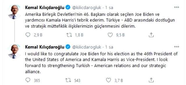 Türkiye'den ABD Başkanı seçilen Biden'ı ilk Kılıçdaroğlu tebrik etti
