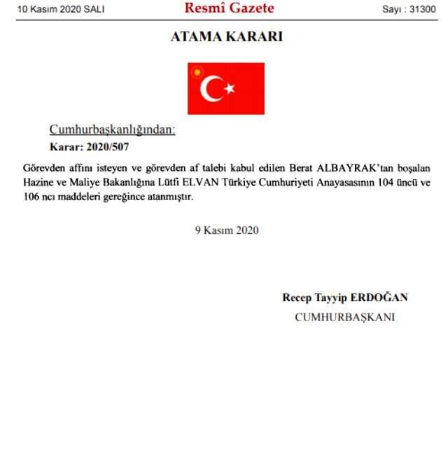 Son Dakika: İstifa eden Hazine ve Maliye Bakanı Berat Albayrak'tan boşalan göreve Lütfi Elvan getirildi