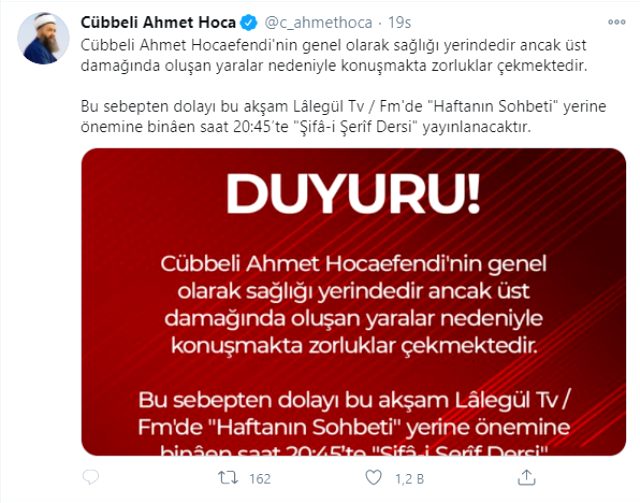 Cübbeli Ahmet Hoca üst damağında yara çıktığı için konuşamıyor