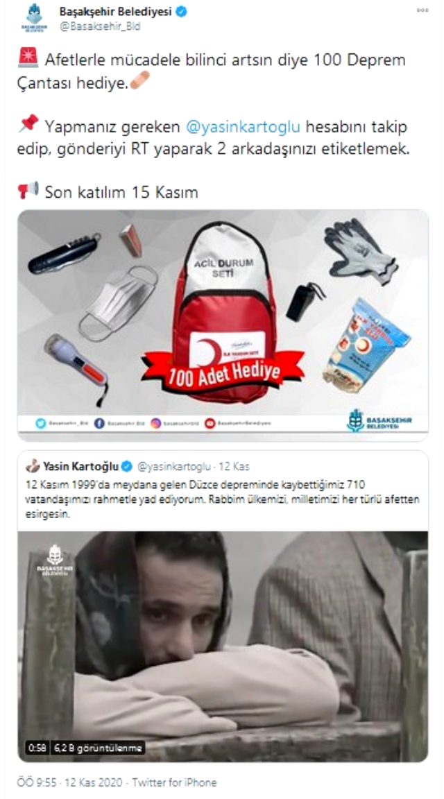 Başakşehir Belediye Başkanı Kartoğlu, takipçi peşine düştü! RT yapana deprem çantası verecek