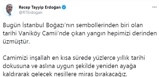 Cumhurbaşkanı Erdoğan'dan yanan tarihi Vaniköy Camii paylaşımı: En kısa sürede ayağa kaldıracağız
