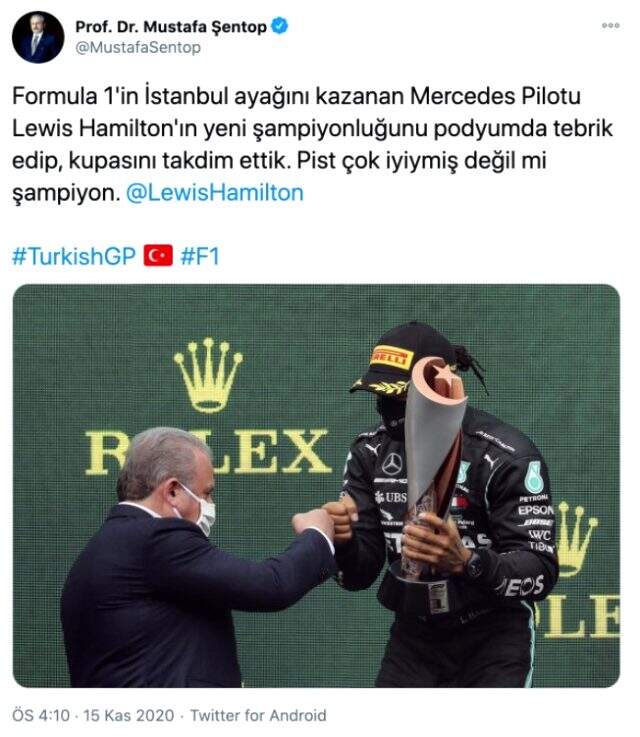 TBMM Başkanı Şentop'tan Türkiye Grand Prix'sini kazanan Hamilton'a tebrik TBMM Başkanı Şentop'tan Türkiye Grand Prix'sini kazanan Hamilton'a tebrik