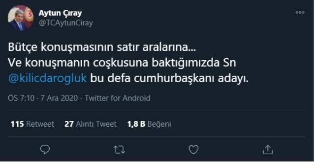 CHP Genel Başkanı Kemal Kılıçdaroğlu'nun TBMM'de yaptığı konuşmasında adaylık sinyali vermesine İYİ Partili Aytun Çıray, sosyal medya hesabından açıkl