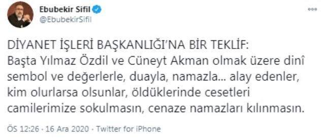 Nihat Hatipoğlu, 'Özdil ve Akman'ın cenazesini camiye sokmayalım' diyen Ebubekir Sifil'i eleştirdi