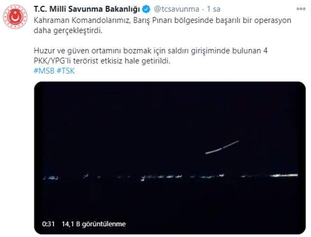 Barış Pınarı bölgesinde 4 PKK/YPG'li terörist etkisiz hale getirildi Barış Pınarı bölgesinde 4 PKK/YPG'li terörist etkisiz hale getirildi