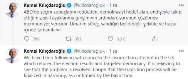 ABD Kongresi'ndeki baskına ilişkin CHP lideri Kılıçdaroğlu İngilizce mesaj paylaştı: Sorunun çözülmesi memnuniyet verici