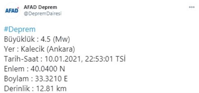 Son Dakika: Ankara'da 4.5 büyüklüğünde deprem