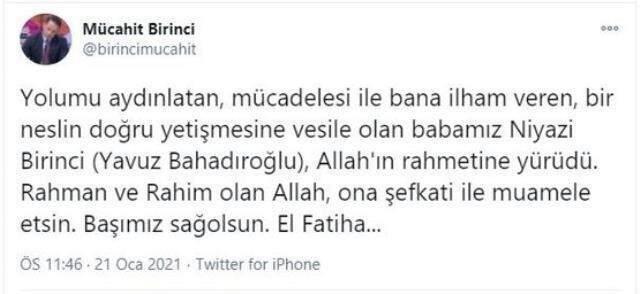 Yavuz Bahadıroğlu mahlasıyla bilinen Gazeteci Niyazi Birinci hayatını kaybetti