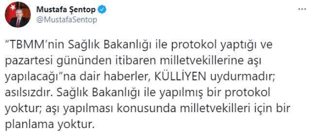 TBMM Başkanı Şentop: Milletvekillerine aşı yapılacağı iddiası külliyen yalandır TBMM Başkanı Şentop: Milletvekillerine aşı yapılacağı iddiası külliyen yalandır