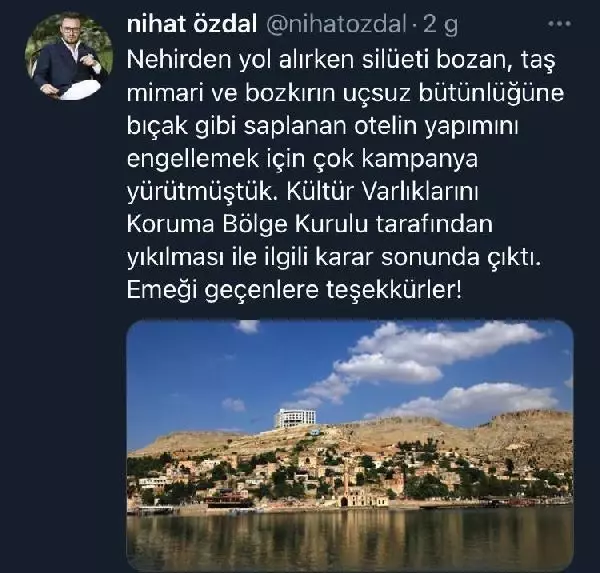 Halfeti'nin ucube otelinin yıkım kararını paylaşan yazar, saldırıya uğradı